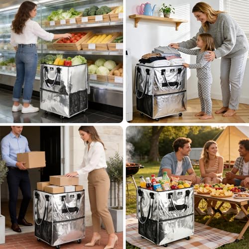 Reusable Grocery Bag On Wheels, 70L Foldable Rolling Tote with 6 Pockets - color: Silver, size: Medium