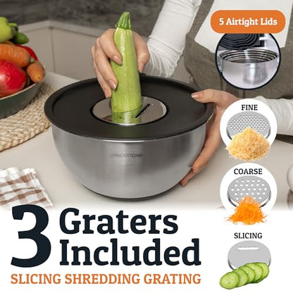 Priority Chef Stainless Steel Mixing Bowls with Lids Set, 3 Grater Attachments, Airtight Lids, Non-Slip Silicone Base Mixing Bowl Set, Large Prep Metal Mixing Bowls for Kitchen, Black - color: Black