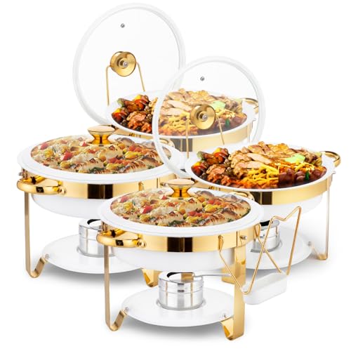 ROVSUN 6QT Chafing Dishes for Buffet 4 Pack, [Game Changer Maifanite-Coated] Chafing Dish Buffet Set, [Unique White & Gold Color] Chafers and Buffet Warmers Sets with Lid Holder for Party Wedding - color: White-gold