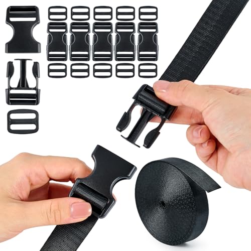 Buckle Straps Set 1'' - 6 Yards Nylon Webbing 1 inch, 6 PCS Dual Side Release Buckles, 12 PCS Tri-Glide Sliders, Heavy Duty Dual Adjustable No Sewing Kit - size: 1 inch