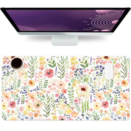 Floral Desk Mat, Cute Flower Large Mouse Pad, Green 23.6"x11.8" - color: A Flowers - Orange Green, size: 23.6" x 11.8"