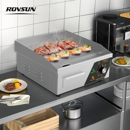 ROVSUN 14" Electric Countertop Flat Top Griddle, 1500W Electric Griddle, Teppanyaki Grill Stainless Steel with Adjustable Temperature Control 122°F-572°F for Home Restaurant Commercial - size: 14"