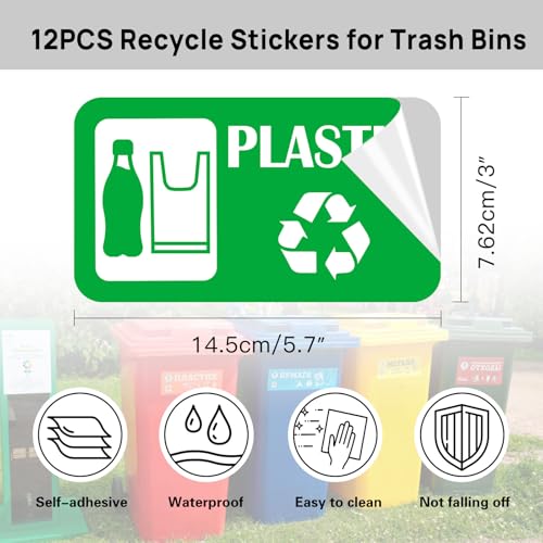 12Pack Recycling Stickers for Trash Cans,Paper Plastic Glass Cans Trash Sorting Stickers for Recycle Bins,Eco-Friendly Trash Can Recycle Signs Indoor & Outdoor Use(3"x5.7")