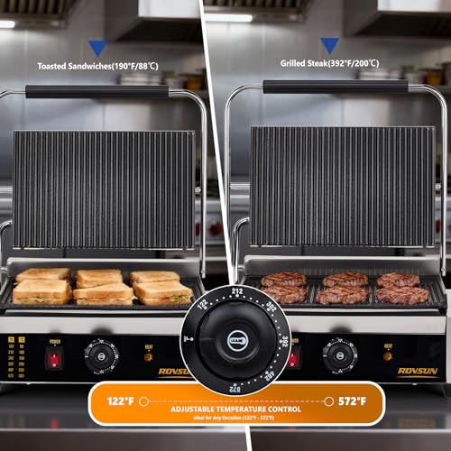 Bonnlo 811E Commercial Sandwich Make, 2200W Stainless Steel Countertop Panini Press Grill with Adjustable Temp 122°F–572°F, For Steak, Burgers, Home & Restaurant Use, 110V, Silver - size: 12.2"D x 16.7"W x 8"H