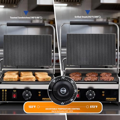 Bonnlo 811E Commercial Sandwich Make, 2200W Stainless Steel Countertop Panini Press Grill with Adjustable Temp 122°F–572°F, For Steak, Burgers, Home & Restaurant Use, 110V, Silver - size: 12.2"D x 16.7"W x 8"H