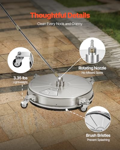 VEVOR 18 Inch Pressure Washer Surface Cleaner, 4000 PSI Stainless Steel Attachment with 4 Wheels, 2 Nozzles, 1/4 Inch Quick Connect and 2 Wands for Concrete, Patio, Deck - size: 18 Inch w/ Wand & Wheels