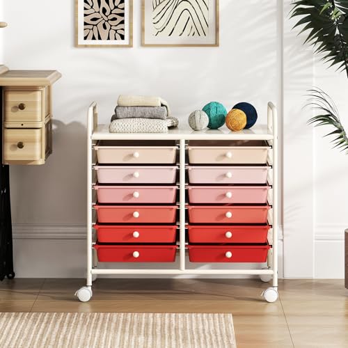 RELAX4LIFE 12-Drawer Rolling Storage Cart - Mobile Utility Cart on Wheels for School Classroom Teacher Office Salon, Paper File Art Supply Craft Organizer, Rolling Cart with Drawers (Gradient Pink) - color: Gradient Pink, size: 24.5''