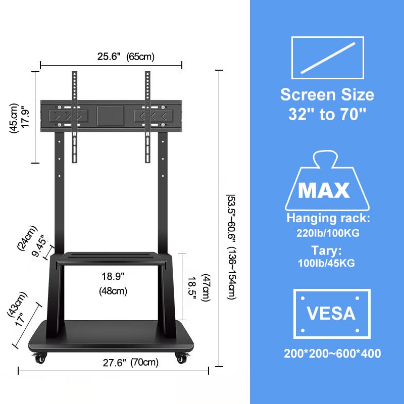 Hellsehen Mobile TV Stand,Rolling TVs Cart on Wheels Height Adjustable Heavy-Duty Floor Stand Base for 32-75 Inch LCD LED OLED Flat Panel Screens Smartboard Movable Holds up to 220lbs with Shelf - size: 32"-75"