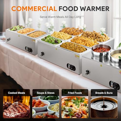 WILPREP Commercial Food Warmer with Six 1/3 Pans, 1500W Countertop Electric Warmer, 86-185°F Adjustable Temp Control & Over-Temp Protection, Stainless Steel Buffet Bain Marie - size: 1/3 pan*6