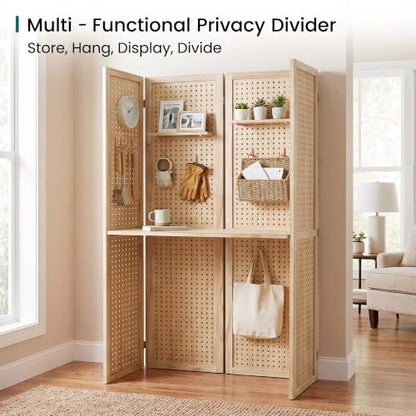 Svimi 4-Panel Freestanding Pegboard Room Divider with Center Shelf, Natural - color: Natural, size: 4 PANELS-SHELVE