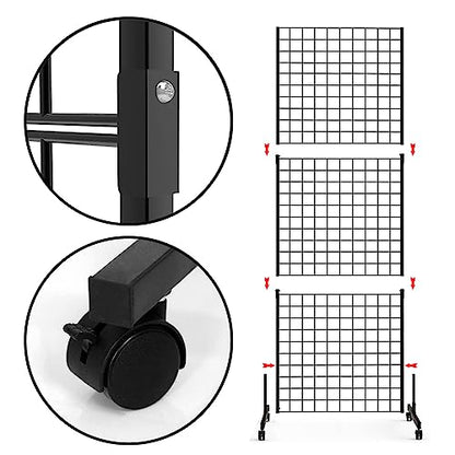 Eastern Tree 2 Packs 2'x 5' Six Pieces Gridwall Panels Stand with T-Base, Black Wire Grid Wall Display Racks with Wheels, Craft Show Display Rack, Retail Display, Extra More 16 Pieces Hooks