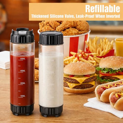 Grevosea 2 Pcs 24 oz Inverted Squeeze Bottles, Valve Condiment Dispenser - color: Black, size: 24 Ounces