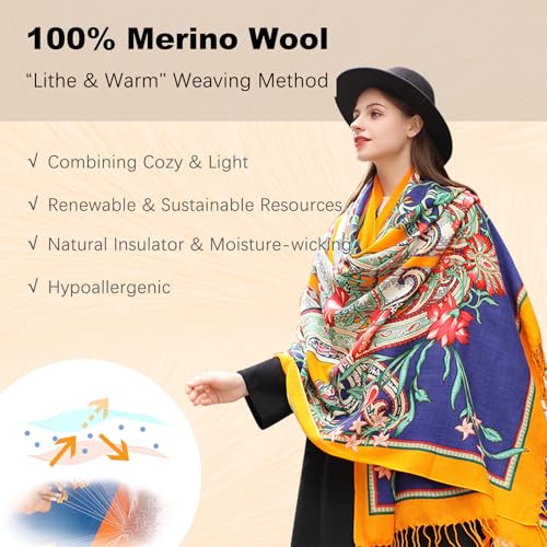 DANA XU 100% Merino Wool Extra Large Pashmina Shawl for Women - color: Blue Yellow Floral