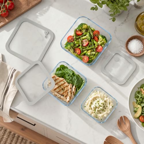 Glass Food Containers with Glass Lid, Microwave Safe Food Storage Container Set, 3 Pack, Square Shape, Food Containers with Lids, Meal Prep containers with Leak Proof Lid. - color: Grey-3S