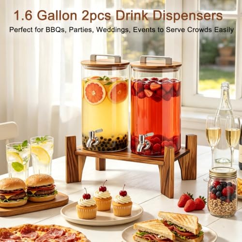 MerryNine Glass Drink Dispensers for Parties with Wood Stand, 1.6 Gallon