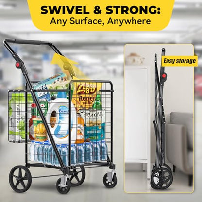 XINGLANG Heavy Duty Folding Shopping Cart – 5.0 Cu Ft, 480 lbs Capacity, Double Basket & Removable Waterproof Liner, 360° Swivel Wheels with Brakes, Adjustable & Rotating Handle for Laundry & Grocery - size: Extra Large