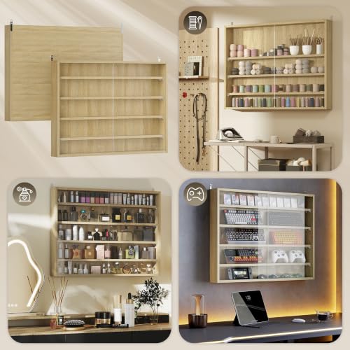 HOMCOM 5-Tier Wall Mounted Display Cabinet Glass Doors Oak - color: Oak