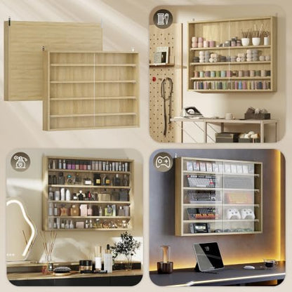 HOMCOM 5-Tier Wall Mounted Display Cabinet Glass Doors Oak - color: Oak