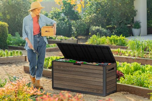 Keter Premium Everwood 71 Gal Outdoor Storage Box and Patio Side Table - color: Walnut, size: 71 Gallon
