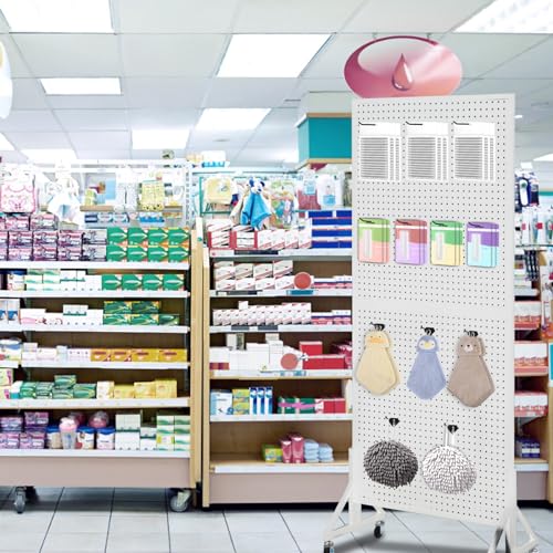 Eastern Tree 2.5'x 6' Metal Pegboard Display Stand with T-Base, Peg Board Panels Display with Casters, Standing Pegboard Display, Retail Display Stand, Extra 10 Pieces Hooks, White - size: 1-Pack White