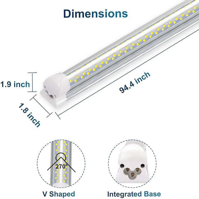 SZSKYING 10 Pack 8FT LED Shop Light, 120W 12000LM 6500K Daylight White, T8 Integrated Tube V-Shape, 96‘ Four Rows High Output, Linkable 8 Foot LED Light Fixture, Garage Lighting Plug in Non-Dimmable - size: 10 Pack