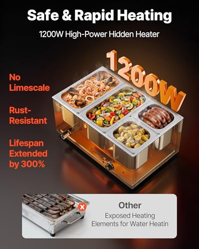 VEVOR 4-Pan Commercial Food Warmer, 24QT Electric Steam Table, 1200W Professional Countertop Stainless Steel Buffet Bain Marie with 86-185°F Temp Control for Catering and Restaurants, Silver - size: 2x1/3Pan and 2x1/6Pan ;24QT