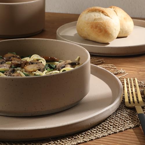 Gibson Elite Tatum Premium Porcelain Matte Reactive Glaze 16-Piece (Service for 4) Plates and Bolws Stackable Dishes Ceramic Dinnerware - Blush Pink/Taupe - color: Earthstone Taupe (Tatum)