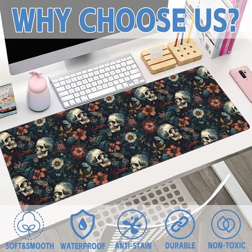 Desk Mat,Skulls with Flowers Large Gaming Mouse Pad XL,Skull Floral Desk Pad,Extended Big Computer Keyboard Mousepad with Non-Slip Base and Stitched Edges 31.5"x11.8" - color: Skulls With Flowers, size: 11.8" x 31.5"