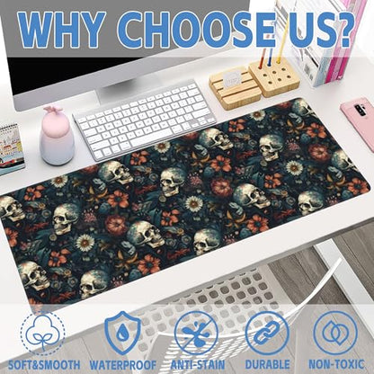 Desk Mat,Skulls with Flowers Large Gaming Mouse Pad XL,Skull Floral Desk Pad,Extended Big Computer Keyboard Mousepad with Non-Slip Base and Stitched Edges 31.5"x11.8" - color: Skulls With Flowers, size: 11.8" x 31.5"