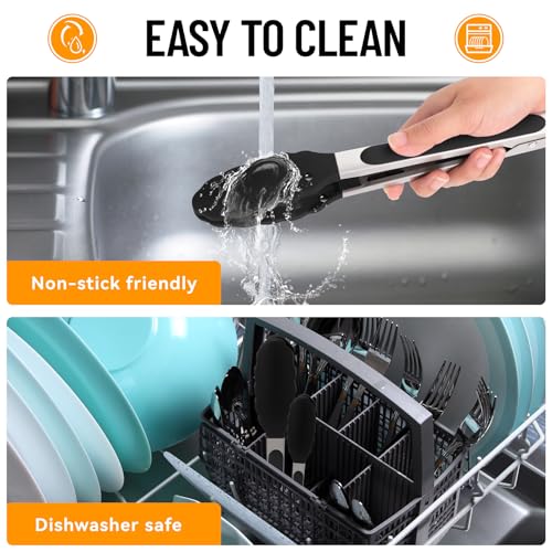 HOTEC Stainless Steel Kitchen Tongs with Silicone Tips, Set of 2-7" and 9" - color: Black:9+7inch