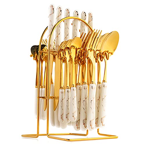 24-Piece Gilded Stainless Steel Flatware Set,Kitchen Utensil Tableware Cutlery Set Service for 6, Steak Cutlery Set for Home and Restaurant (White)… - color: White