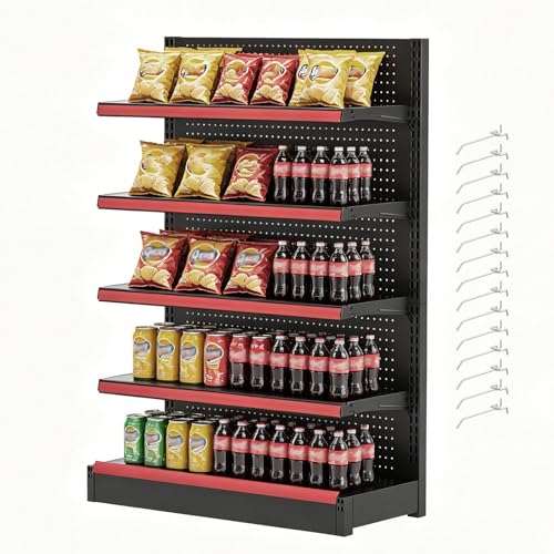 Retail Gondola Shelving Unit 5 Tier with 15 Peg Hooks, Heavy Duty Adjustable Metal Display Rack for Convenience Store, Grocery, Supermarket, Retail Shop Display Fixture(LxWxH 48x17x53in) - size: LxWxH 48x17x53in