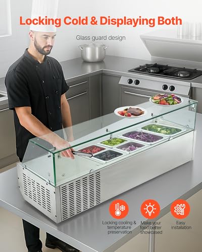 VEVOR Refrigerated Condiment Prep Station, 130W Countertop, Two 1/3 and Four 1/6 Pans, 304 Stainless Body, PC Lid, Sandwich Prep Table with Glass Guard, 3.79 Cu. Ft.