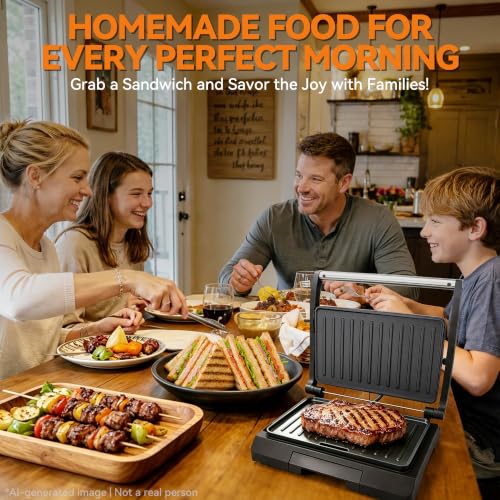 Baker's Friend 2 Slices of Mini Panini Press Electric Grill, Panini Grill Press Sandwich Maker Press, Sandwichera Electrical for Pancakes & Eggs, Oil Tray, Non Stick Surfaces, Stainless Steel