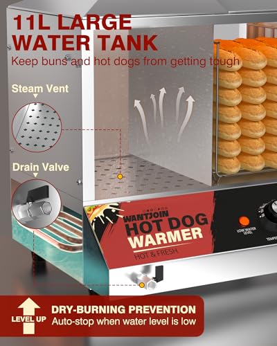 WantJoin Hot Dog Steamer Machine, 36L/38QT Electric Hot Dog Steamer with Bun Warmer, Stainless Steel Hot Dog Cabinet with Tempered Glass for 110-125 Sausages & 40-45 Buns,1200W - color: Silver, size: 38QT