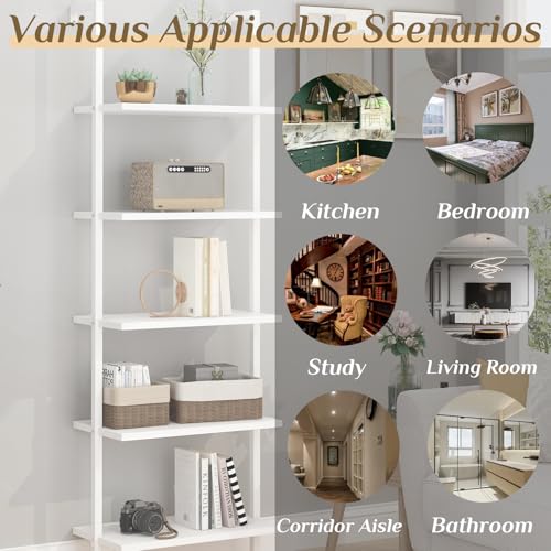 Karl home White 5 Tier Wall Mount Ladder Shelf, Metal Frame Bookcase - color: White