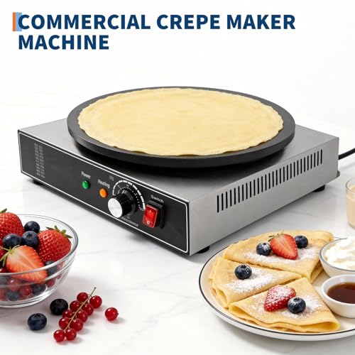 16 Inch Commercial Electric Crepe Maker – Non-Stick Flat Griddle – Accurate Temperature Control & Gauge Lights – 1750W 110V – Perfect for Pancakes & Omelets – Home & Restaurant Use – Single - size: Single Plate
