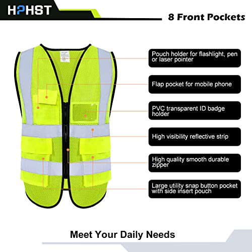 5 Pockets High Visibility Reflective Safety Vest,Zipper Front, Meets ANSI/ISEA Standards - color: Yellow-mesh, size: Large