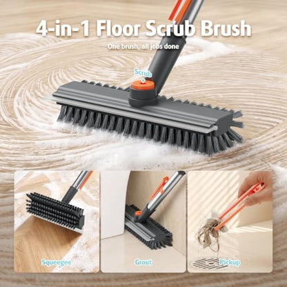 AIR U+ Floor Scrub Brush with Long Handle, 4 in 1 Floor Scrubber & Squeegee - color: Gray