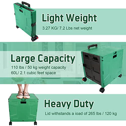 FELICON Folding Utility Cart Rolling Crate Handcart Basket-Dark Green+Black - color: Dark Green & Black, size: FW548-Hidden Lid