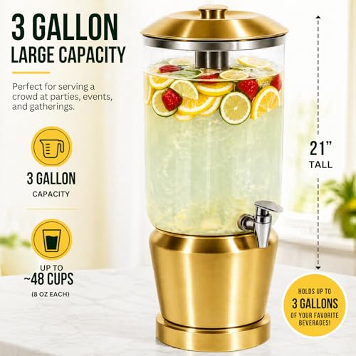 Drink Dispenser with Ice Chambers, Lemonade Tea Water Dispenser with Spigot, Stainless Steel Beverage Jar Jug, Perfect for Home Parties, Weddings, Gifts & Events (Gold, 3, Gallons) - color: Gold