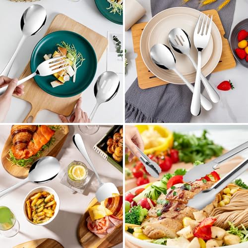 14PCS Serving Utensils - Hostess Serving Utensils Set, Premium Stainless Steel 8.7 inch Serving Utensils, Slotted Spoons, Fork, Tongs, Cake Pie Server for Buffet, Wedding, Dinner (Silver) - color: Silver