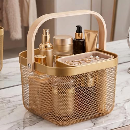 Roshtia 6 Pcs Metal Mesh Basket with Handle, Fall Halloween Garden Basket - color: Gold, size: 9.65 x 9.65 x 7.09 Inch