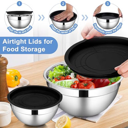 LIANYU Mixing Bowls with Lids Set of 6, Stainless Steel Nesting Metal Bowl - color: Black, style: Atlas Base with Airtight Lids