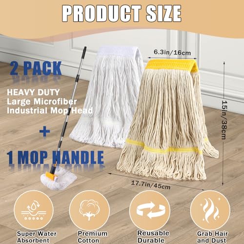 Commercial Mop Heavy Duty Industrial Mop with 2 Extra20oz Large Replacement Heads,60" Long Handle Heavy Duty Industrial Mops for Hardwood Wood Tile Vinyl - Reusable Cotton Head for Floor Cleaning