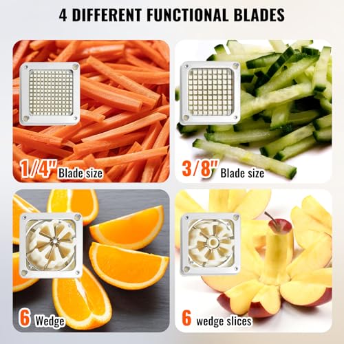 VEVOR Commercial French Fry Cutter with 4 Replacement Blades, 1/4 and 3/8 Blade Easy Dicer Chopper, 6-wedge Slicer and 6-wedge Apple Corer, Lemon Potato Cutter for French Fries with Extended Handle - size: 1/4" + 3/8" + 6-Wedge Slicer + 6-Wedge Apple Core