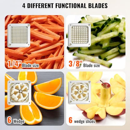 VEVOR Commercial French Fry Cutter with 4 Replacement Blades, 1/4 and 3/8 Blade Easy Dicer Chopper, 6-wedge Slicer and 6-wedge Apple Corer, Lemon Potato Cutter for French Fries with Extended Handle - size: 1/4" + 3/8" + 6-Wedge Slicer + 6-Wedge Apple Core