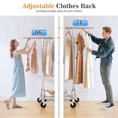 Raybee Heavy Duty Clothes Rack Load 480LBS,Clothing Racks for Hanging Clothes,Adjustable Rolling Clothes Rack with Wheels,Garment Rack for Bedroom,Laundry Room,Commercial Use, 71" Hx22 D x 75" W - style: Single Rod