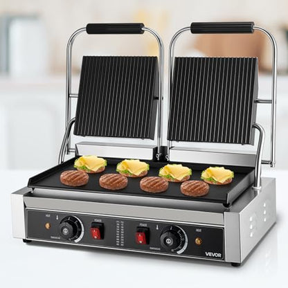 VEVOR Commercial Panini Grill, 3600W Electric Sandwich Panini Maker, Stainless Steel Double Sandwichs Press Grill with Handle and Temp Control, 19x9 in Flat Enamel Plate for Hamburger Steak Bacon