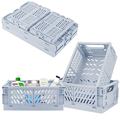 4 Pack Collapsible Small Storage Bins, Small Bins and Baskets for Desk and Locker Organizing, 2 Medium + 2 Foldable Plastic Crates, Classroom Craft Bathroom Storage(Blue) - color: Blue